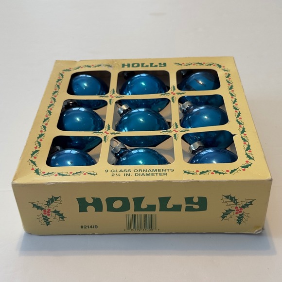 Holly Vintage Blue Glass Christmas Ornaments Set of 9 USA Made 2.25 Inch #214/9 - Picture 4 of 8